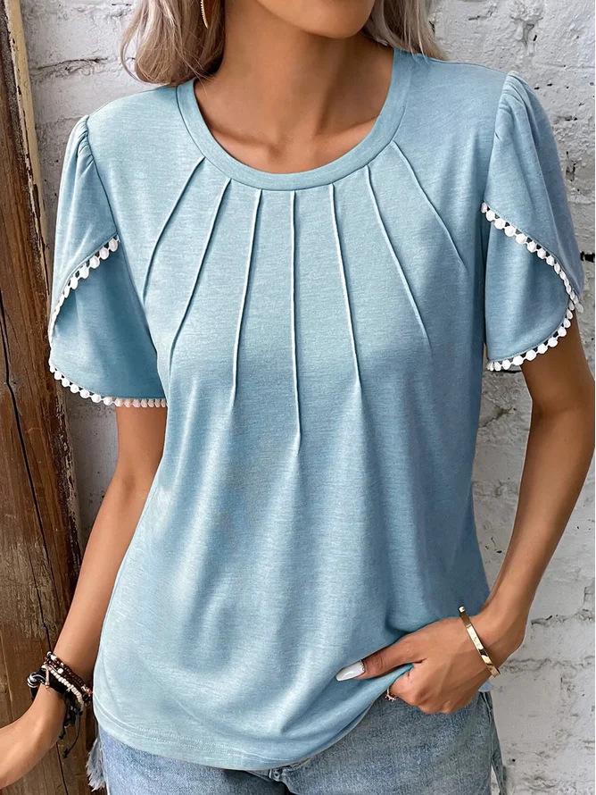 2026 Summer Women s Round Neck Pleated Lace Casual T-shirt S
