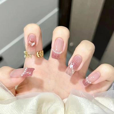 Unghie Artificiali Medie Unghie Indossabili Serie Dolce Unghie Diamante Frantumato Unghie Ghiaccio Tritato Fragola Glitter Perla Unghie Indossabili