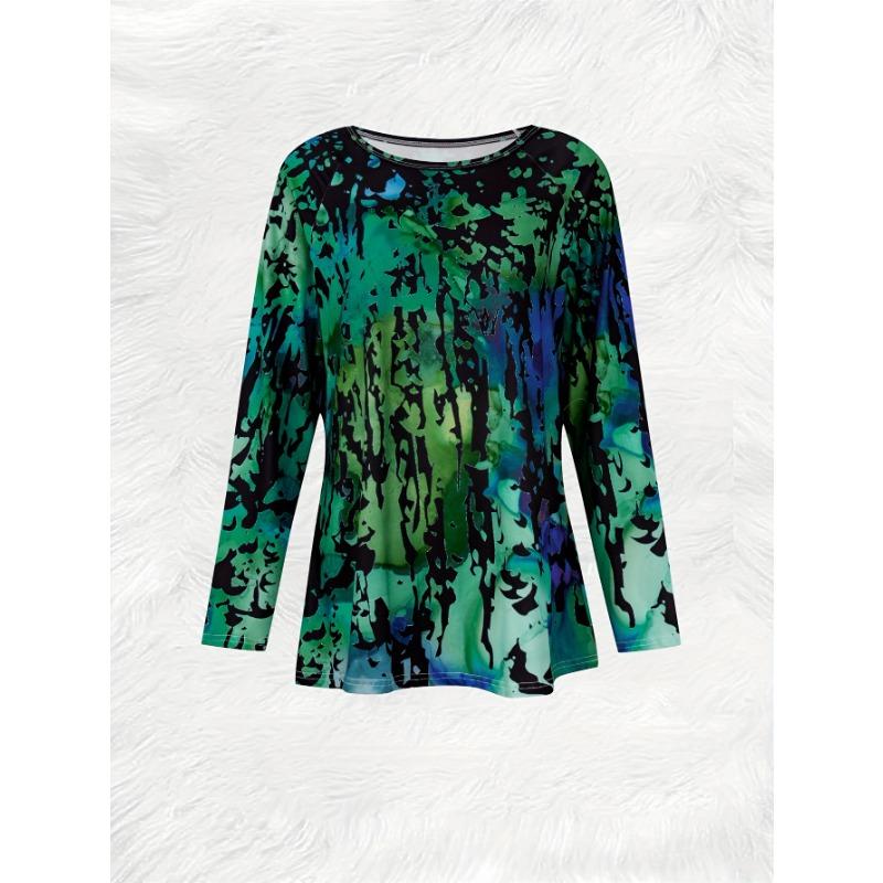 Women Long Sleeve T Shirt Casual Abstract Watercolor Forest Print Oversized Top Vacation Style Loose Fit Fashion Blouse