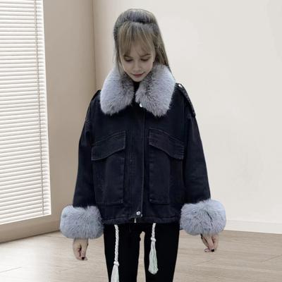 Winter Women Denim Jacket Faux Fur Trim Long Sleeves Thick Plush Lined