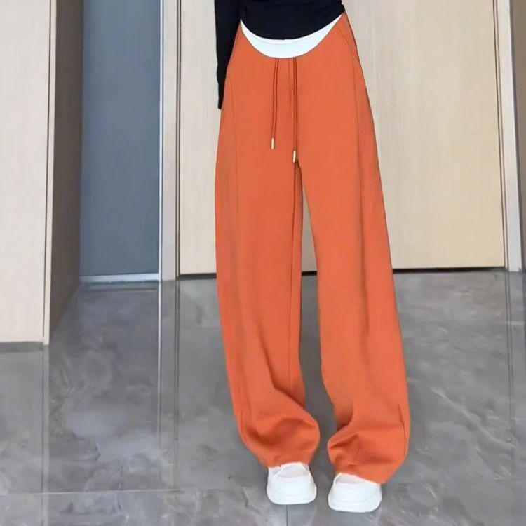 Hong Kong-Style Orange Wide-Leg Sweatpants with Drawstring Waist