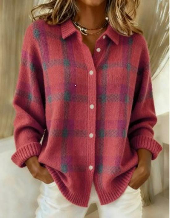 Women's Casual Plaid Long Sleeve Lapel Shirt Sweater Cardigan