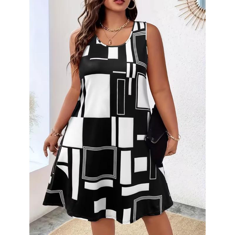 3D Digital Printed Sleeveless Plus Size Women's Dress Fashion Flower Pattern Elastic O Neck Summer Dress