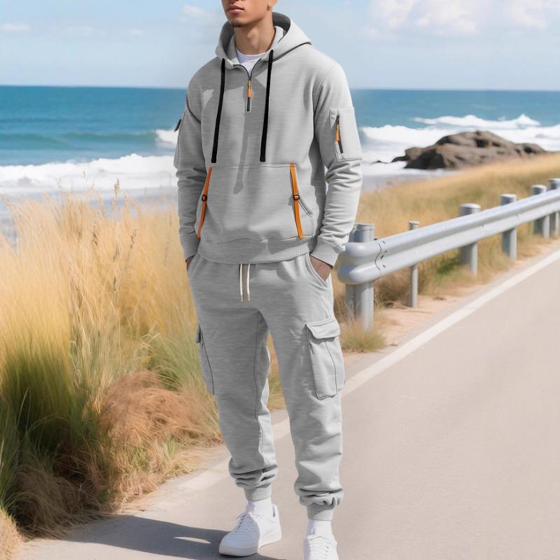 Men Warm Fleece Hooded Sweatshirt And Sweatpants Casual Sports Two Piece Set