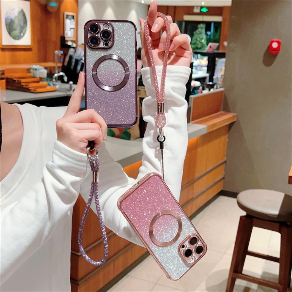 Voor iPhone 16 Pro Max Hoesje Compatibel met MagSafe Gegalvaniseerd Kleurverloop Glitters Telefoonhoesje met Lanyard