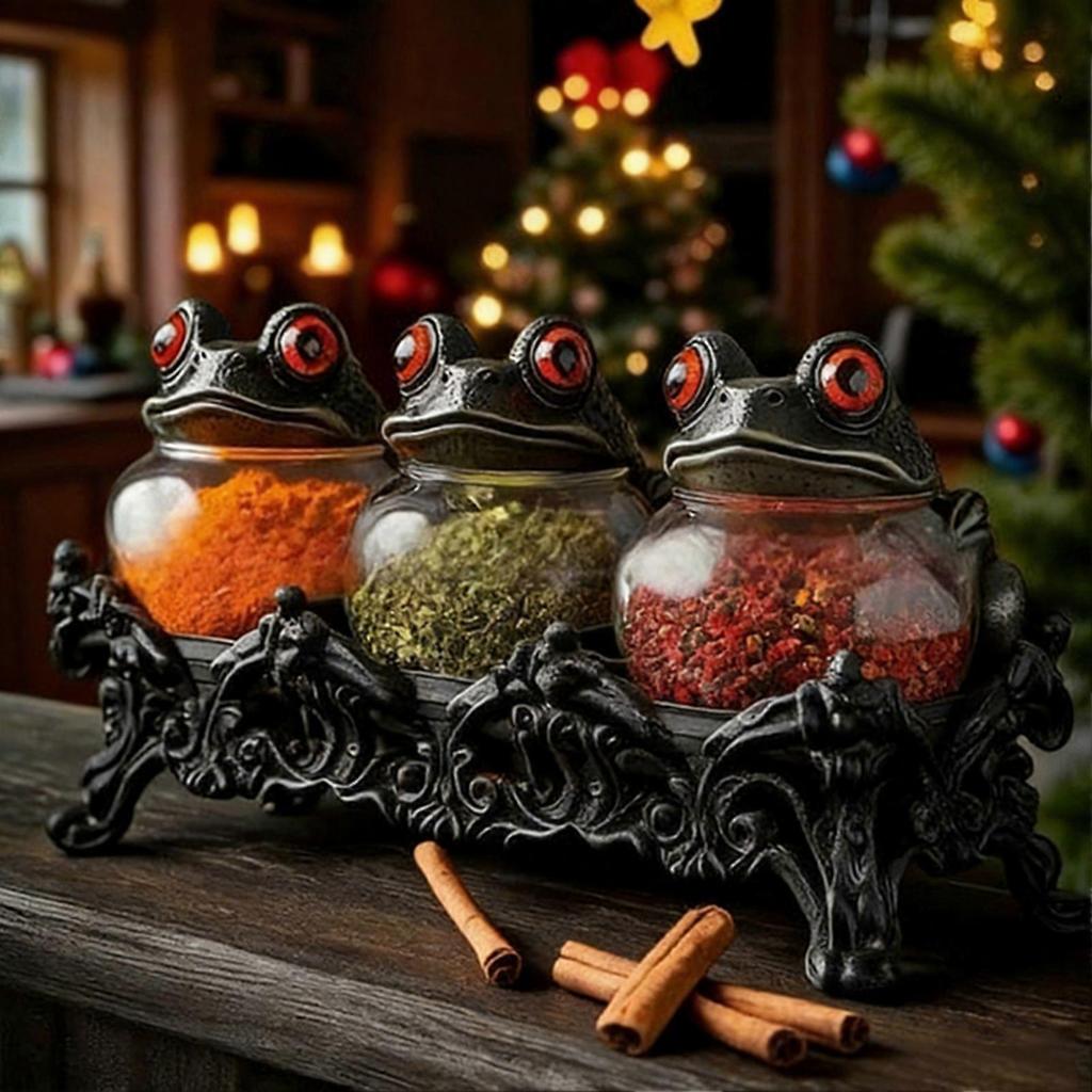 Witchy Frog Vintage Spice Jar Set, Decorative Food Storage Glass Jars with Lid & Metal Stand, Gothic Kitchen Decor for Spices