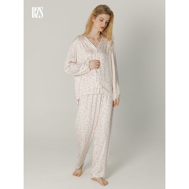 Satin Spring and Autumn Cardigan Cotton Silk Women's Thin Floral Pants Two-Piece Pajamas Long Sleeves V Neck Cotton Silk Home Wear