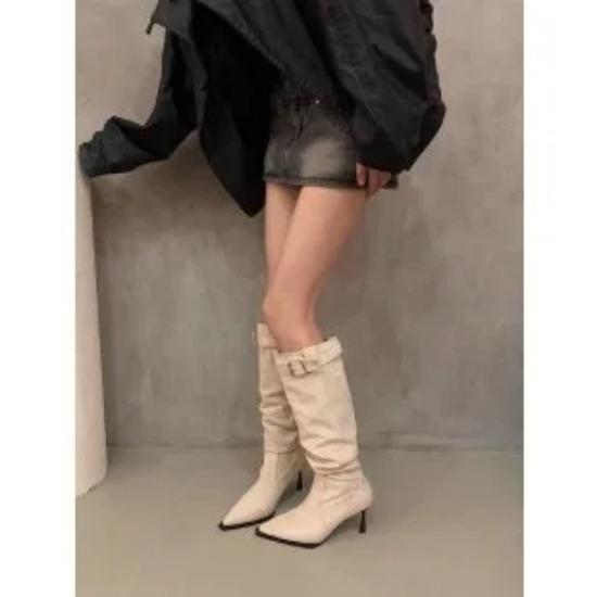 Pleated Faux Suede Knee-High Boots Women Fashion Buckle Pointed Slip-On Western Cowboy Boots Woman Thin Heels Long Botas Mujer