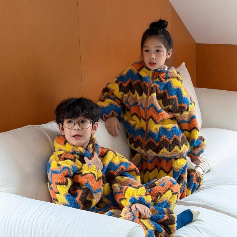 Kids Cute Striped Hooded Pajamas Set Winter Warm Loungewear Boys Girls