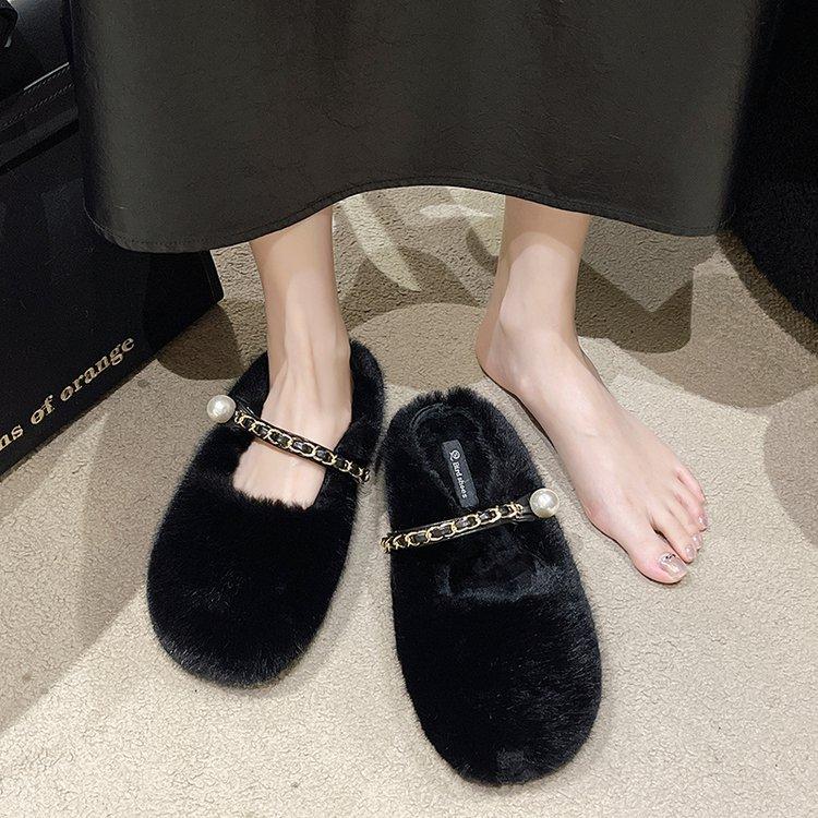 Flat Bottom Mary Jane Casual Fluffy Slippers Women's 2025 Winter New Warm Korean Version Home Plush Bag Head Cotton Mop