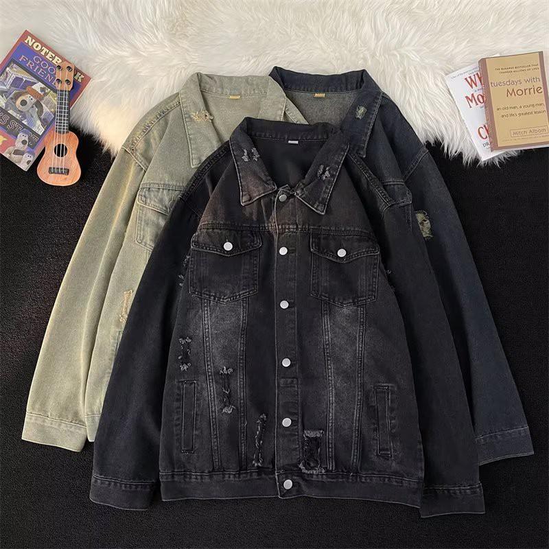 Mens Vintage Distressed Denim Jacket Loose Fit Fall Casual Outerwear