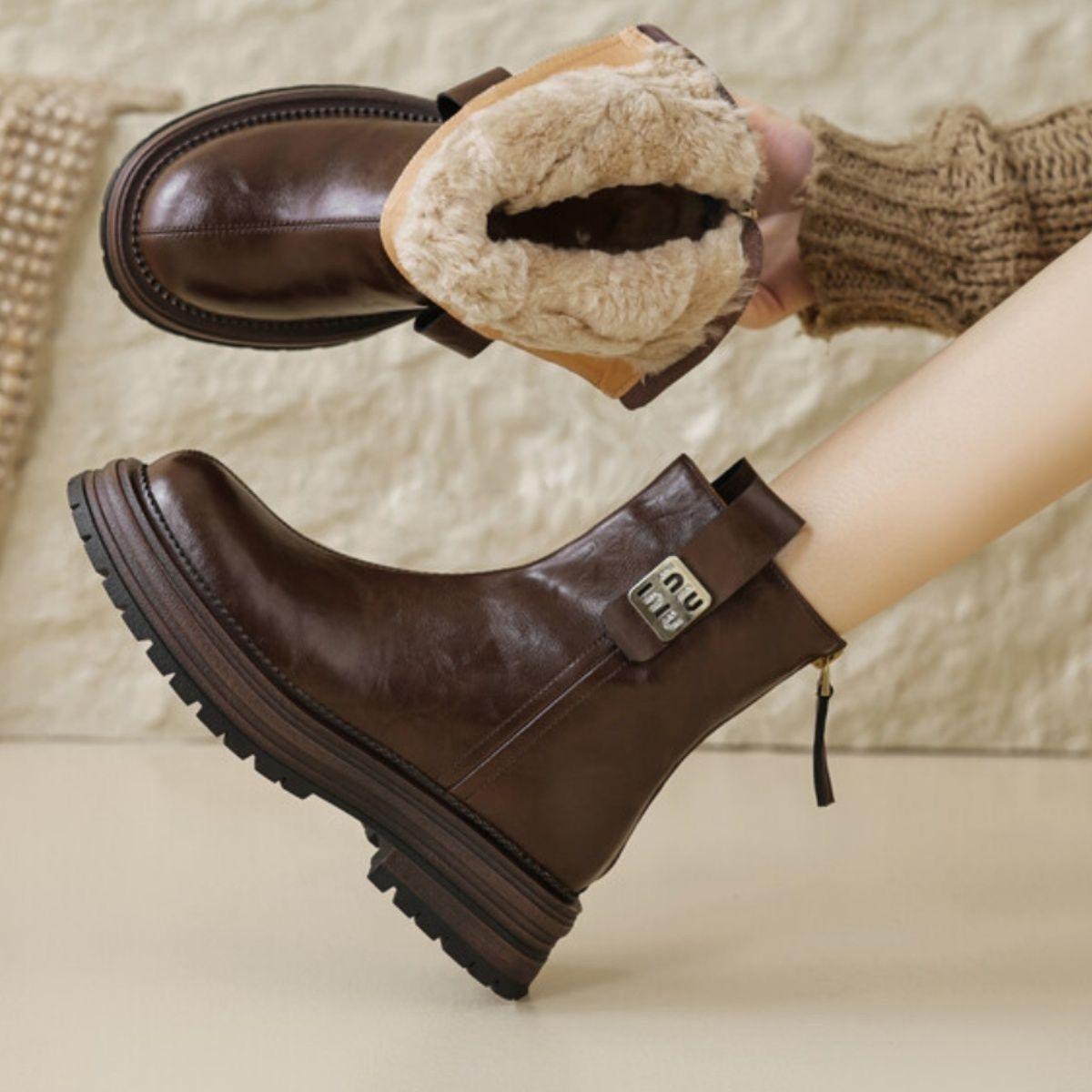 

2025 Зима Новые Женские Кожаные На Толстой Подошве Платформа Балетки Ботильоны Зимние Сапоги Шерсть Внутри Повседневные Короткие Ботильоны 38