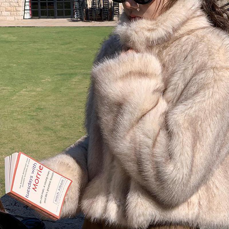 Fashion Luxury Faux Fur Short Coat Women Stand Collar Long Sleeve Loose Jacket Autumn Winter Lazy Thick Streetwear Outerwear