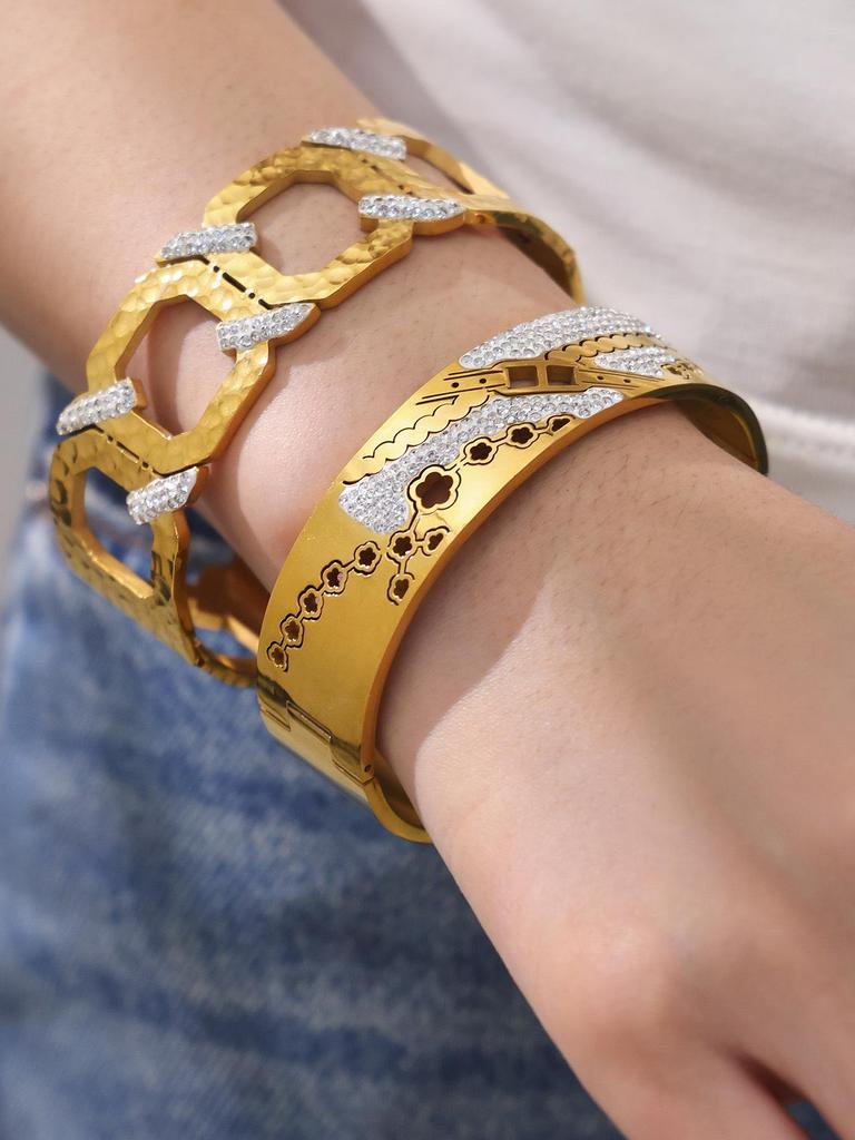 18K Gold Plated Honeycomb Pattern Stainless Steel Wide Bracelet with Zirconia Inlaid - European & American Fashion.