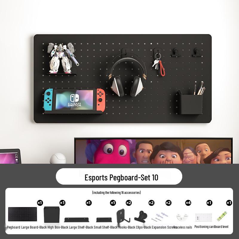 Esports Gaming Desk with Pegboard Wall Organizer and Equipment Rack