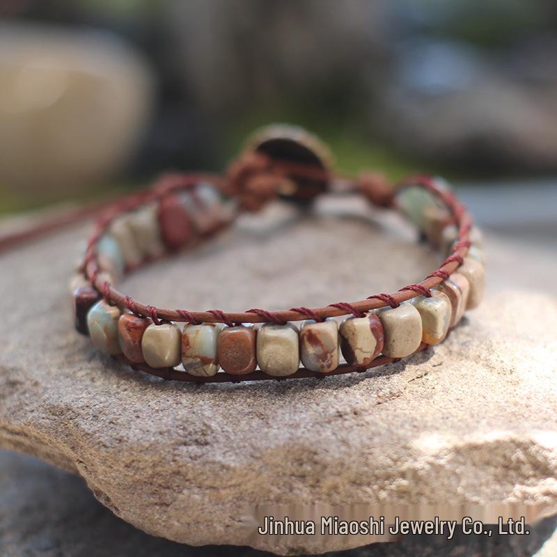 Freeform Shoushan Stone 5x7 Emperor Leather Woven Bohemian Bracelet