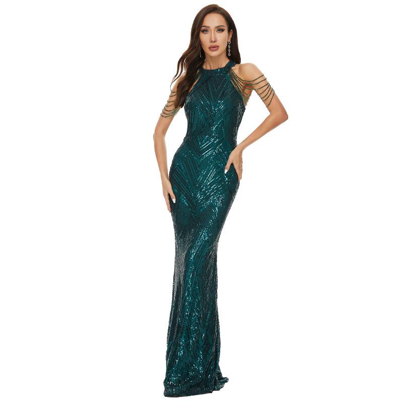Damen Sexy Pailletten Quasten Schulterfrei Neckholder Bodycon Maxikleid Party Abendkleid Formelle Kleider Meerjungfrau Bodycon Cocktail Abendkleid für Damen