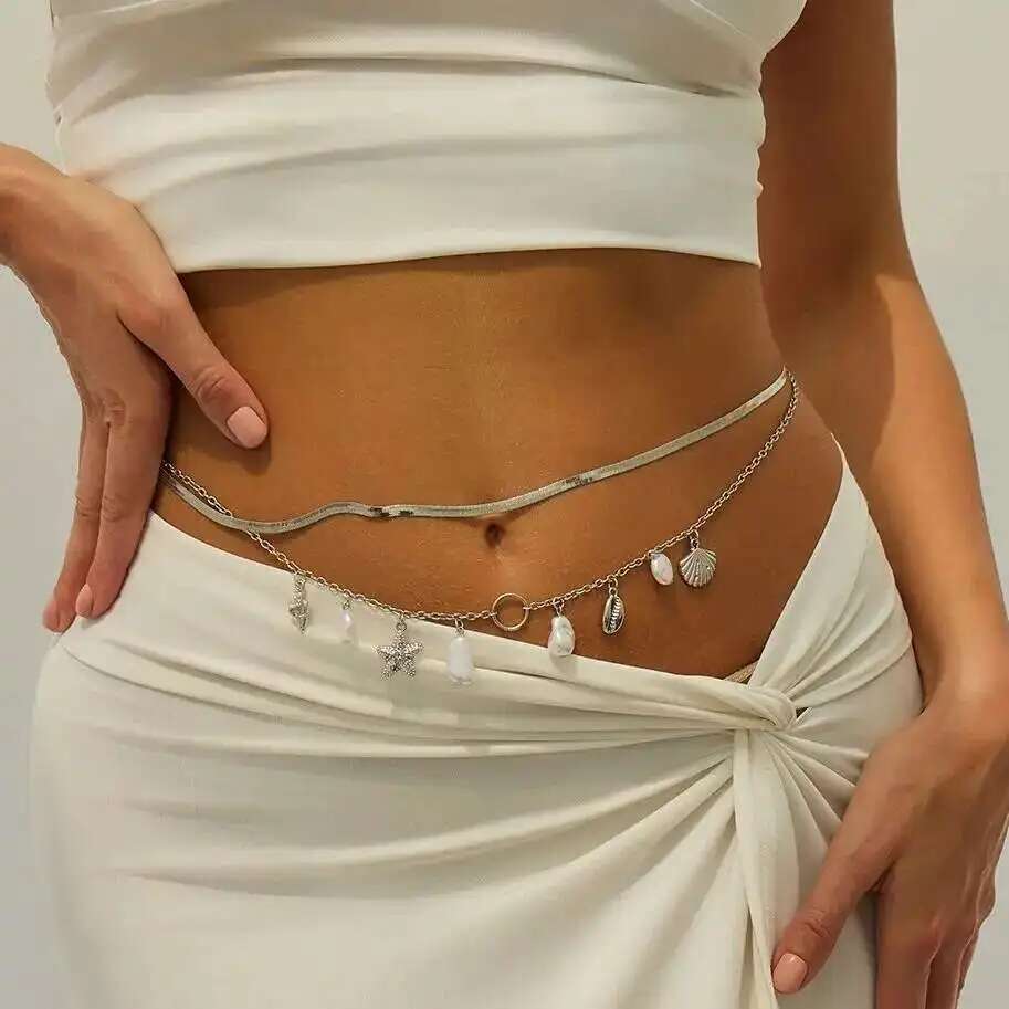 

Ingemark 2Pcs/Set Summer Beach Vacation Sexy Bikini Waist Chain Boho Imitation Pearl Starfish Conch Pendant Body Chain Jewelrry