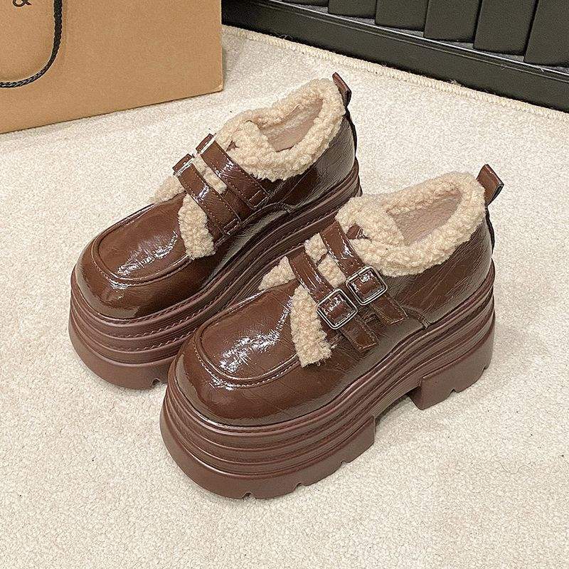 Heel Women's Shoes Platform Loafers 2025 Winter New Brown Small Leather Shoes Velvet Warm British Cotton Shoes