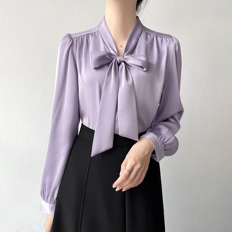 Women's Satin Long Sleeve Bow Shirt - Casual Spring Top
