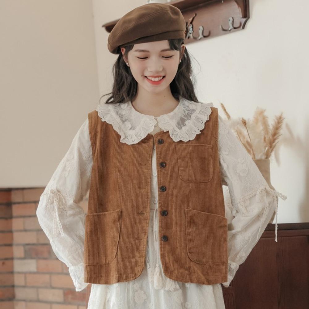 Round Neck Vintage Corduroy Vests Brown Waistcoat Women Simple Cropped Sleeveless Jacket Ladies