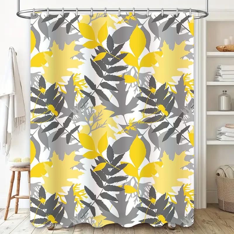 Stylish Yellow Gray Floral Shower Curtain Modern Bathroom Decor for Home Kitchen or Bath Waterproof Fabric with Hook Rings Set