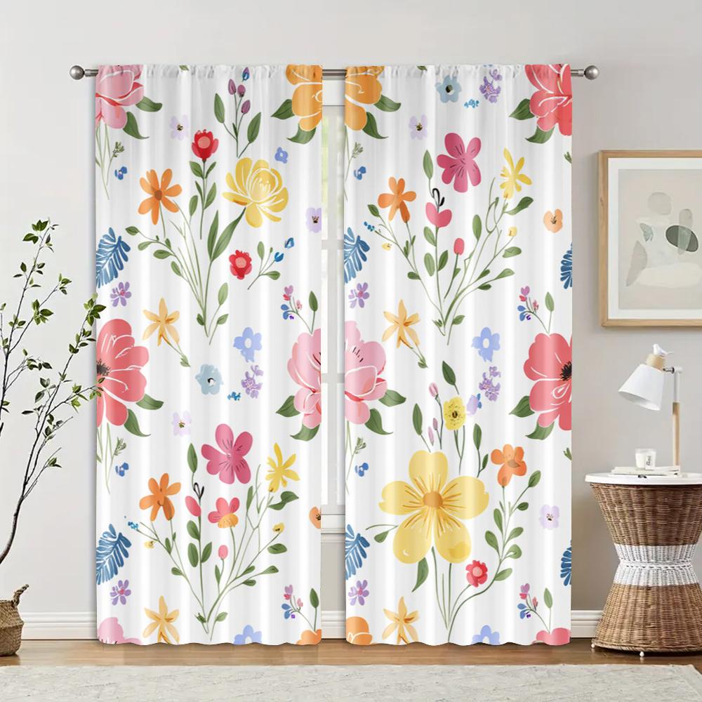 2pcs, Minimalist Curtains Vibrant Colorful Flowers Versatile Polyester (without Rod) Decorations For Home Perfect for Bedroom &