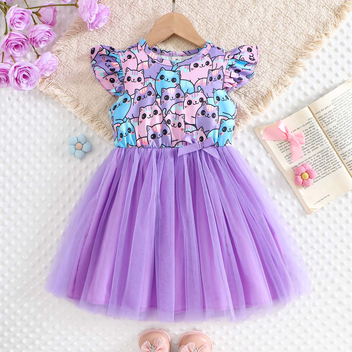 Children Summer Party Dress 3-8 Years Girls Ladybug Printed Butterfly Sleeve Trailing Red Tulle Princess Dress With Bow Decoration 4Y фиолетовый