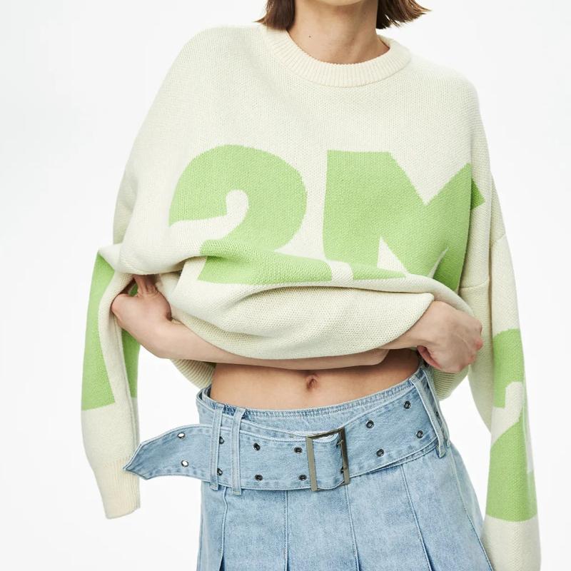 Women Winter Oversize Letter Sweater Women Crewneck Casual Knitted Loose Pullovers with Letter Green Sweater