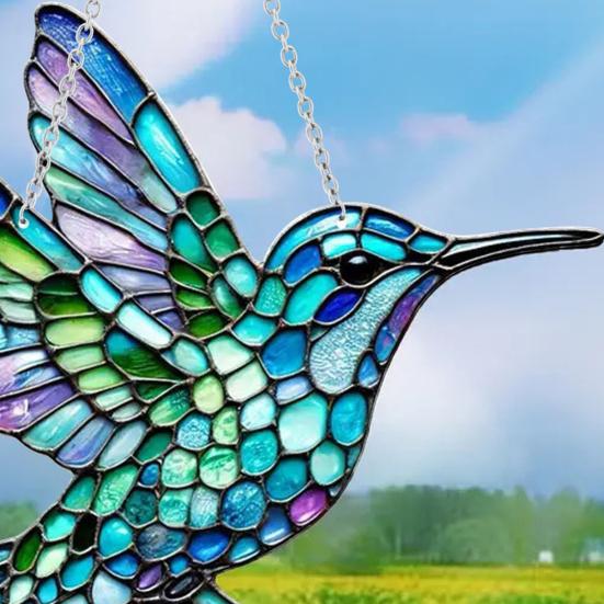 Acrylic Colorful Hummingbird Sun Catcher Hanging Pendant with Lanyard Easy To Install Bird Window Crafts Hanging Decor