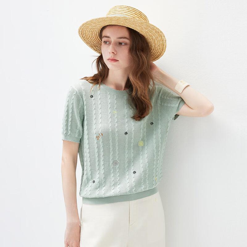 Women's Embroidered Cotton Silk Short Sleeve Knit Top