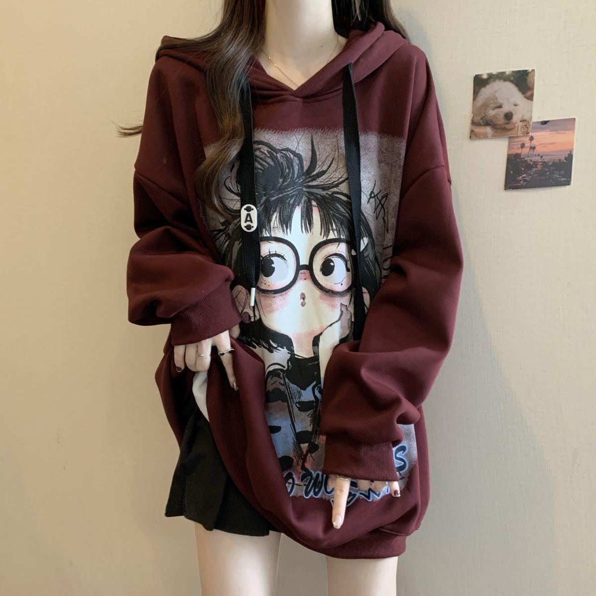 Women s Plus Size Printed Fleece Hooded Sweatshirt: Autumn/Winter Slimming Cover-Up with Fleece Lining 3XL красный