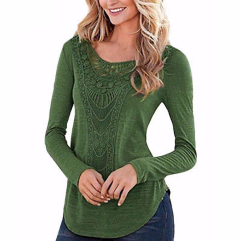 Elegant Lace Patchwork Long Sleeve Cotton Blouse For Women Geometric Design