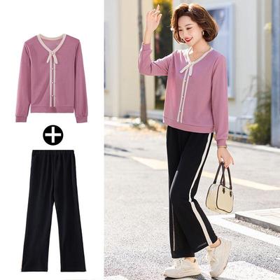 Middle-Aged Women's V-Neck Knitted Top & Casual Pants Set