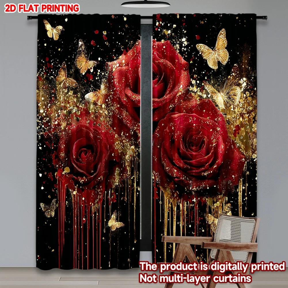 Red Rose Gold Curtains Large Polyester Roses Golden Butterflies Tassels Black Background Luxurious Living Room Set Of 2 Made Sitting Decor