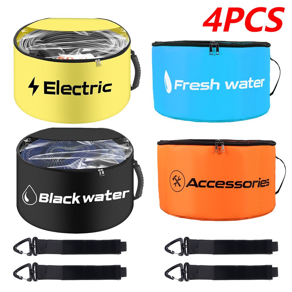 4 Pcs RV Hose Storage Bag Dual Zipper Breathable Drawstring Mesh Pouch with Waterproof Lining Multi-role Motor Home Utility Bag