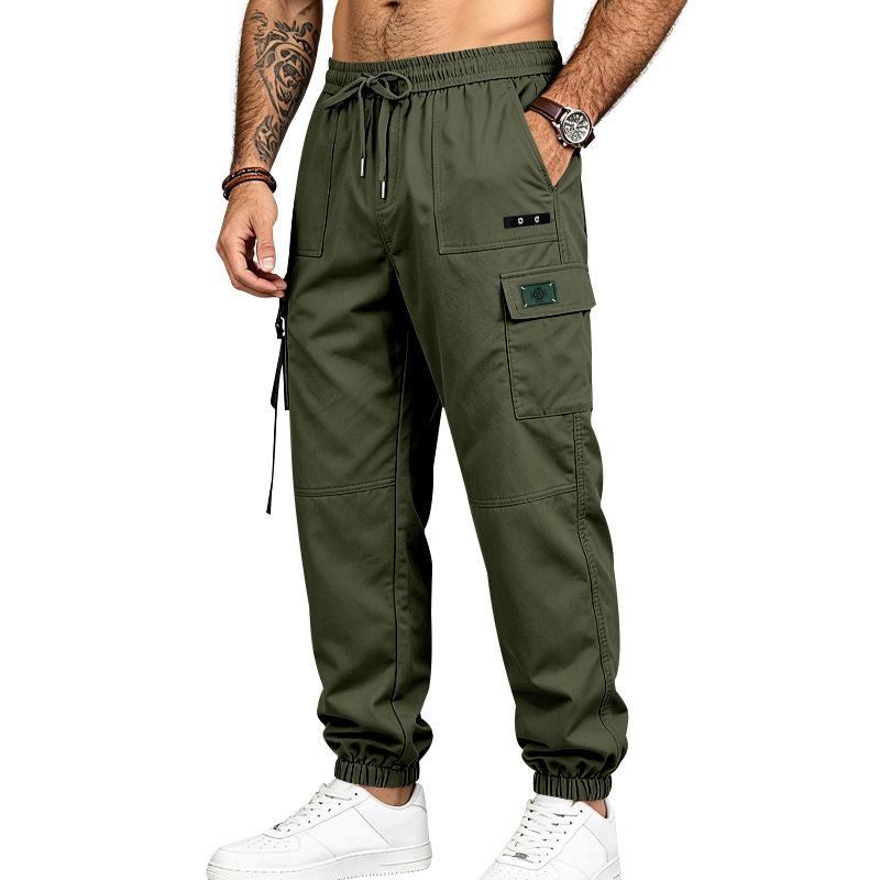 Men Drawstring Elastic Waist Jogger Cargo Pants, Multi Pockets Ribbon Decor Tapered Ankle Cuffs Casual Streetwear Utility Trousers Outdoor Daily Wear