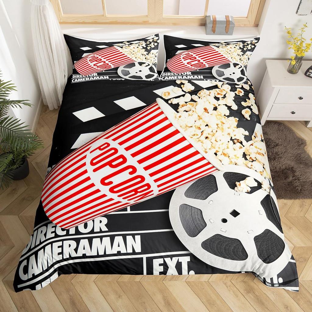 Movie Themed Bedding Set Full Queen for Boys Girls Family Home Theater Decor Vintage Comforter Cover Film Theme Duvet Cover Set