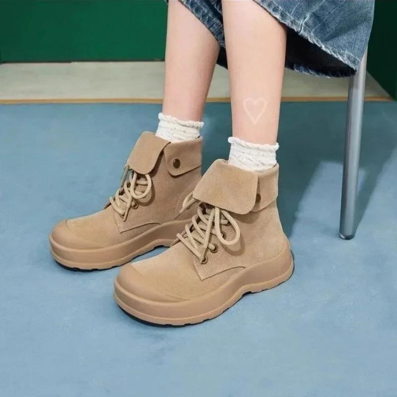 2024 Shoes Female Lace Up Women Boots Winter Round Toe Suede Solid Short Barrel Low Heels Female Boots Zapatos De Mujer