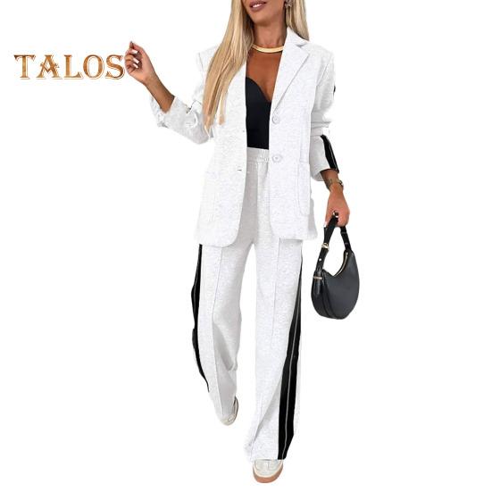 

Комплект из 2 предметов: пальто и брюки для леди, однобортный пиджак с отложным воротником, свободные полосатые широкие брюки, повседневная одежда для поездок на работу L белый