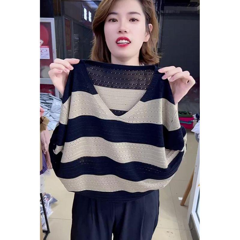 

Футболка Топы Широкая полоска V-образный вырез Женский летний дизайн Короткий рукав Black khakis All yards