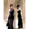 Women's Black Floral Backless Halter Maxi Dress - Slim Fit & Waist-Cinching, Figure-Flattering Bodycon Design with Summer Slit.
