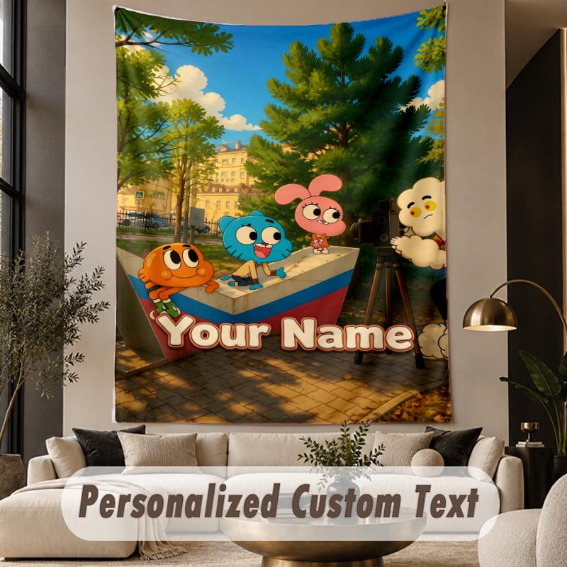 Custom Text Printed Tapestry Amazing World of Gumball Pattern Large Wall Hanging Indoor Room Decor