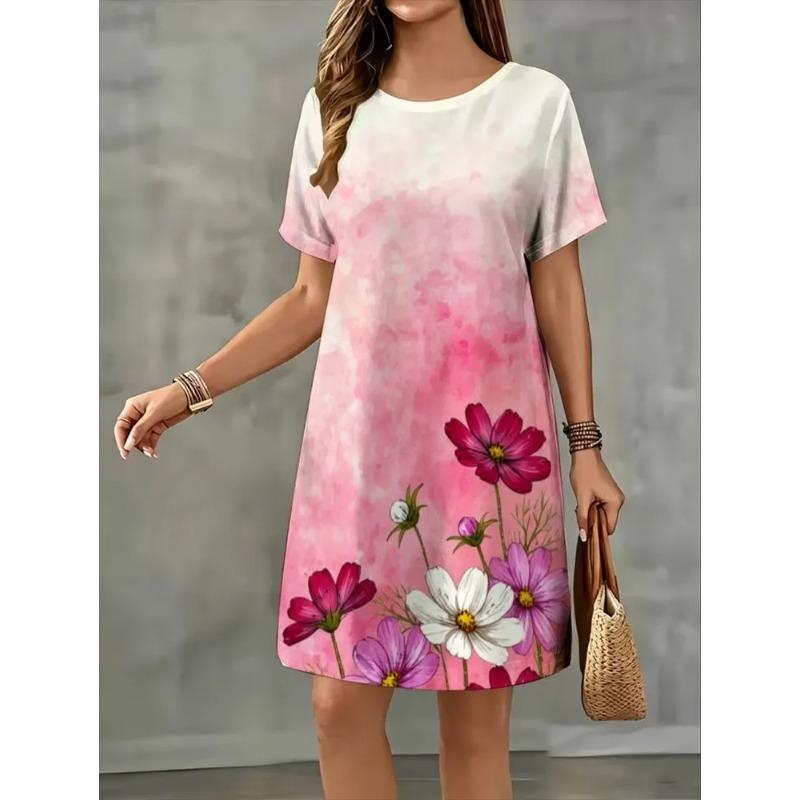Summer Ladies 3D Printed Short Sleeve Dress Fashion Versatile Breathable Trend Casual