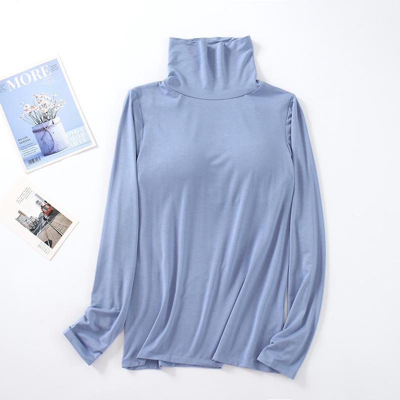 Modal Padded High Neck Long Sleeve Slimming T-Shirt with Built-in Bra for Women - Autumn/Spring.