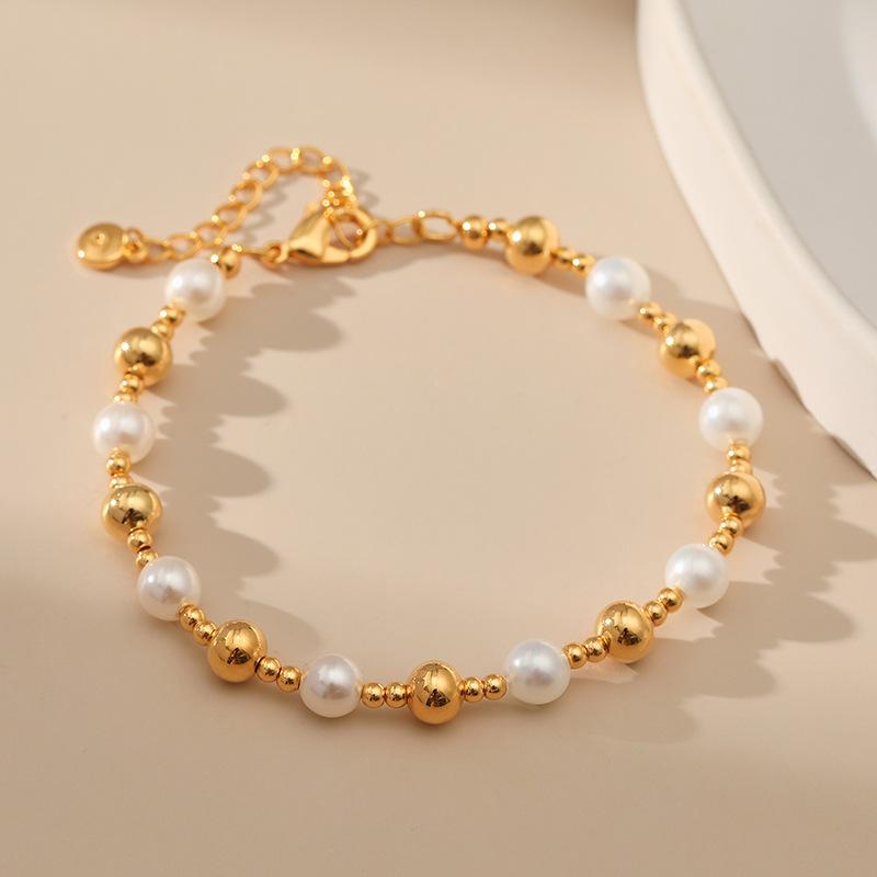 Women Handmade 18k Gold Plated Shell Pearl Transfer Bead Bracelet Elegant Jewelry