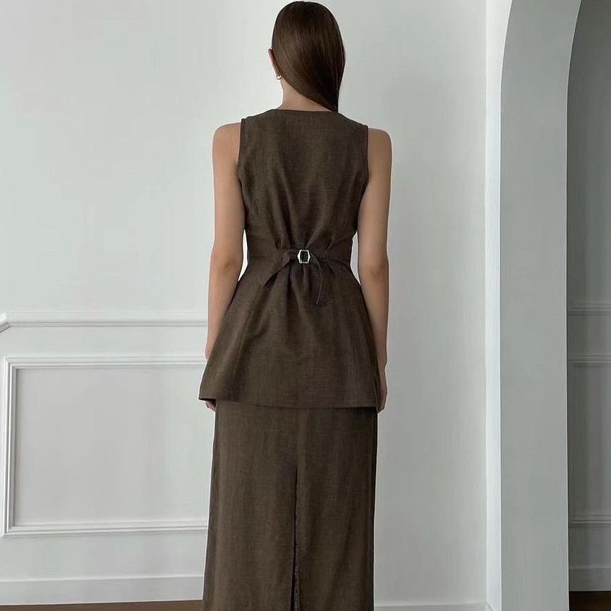 Mode Schlicht Sommer Berufstätige Damen Pendeln Reine Baumwolle Tasche Weste Langes Kleid Zweiteiliges Set Damenanzug