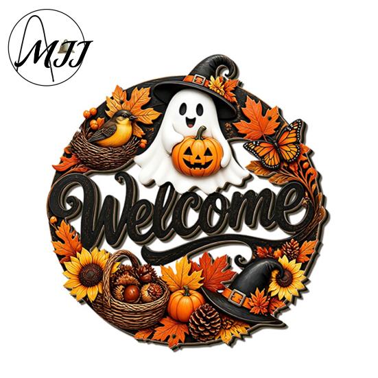 Holiday Door Sign for Store Entry Halloween Pumpkin Ghost Wooden Welcome Hanger Sign, Cute Wall Ornament with Bell Decor Indoor Outdoor Hanging Rope,