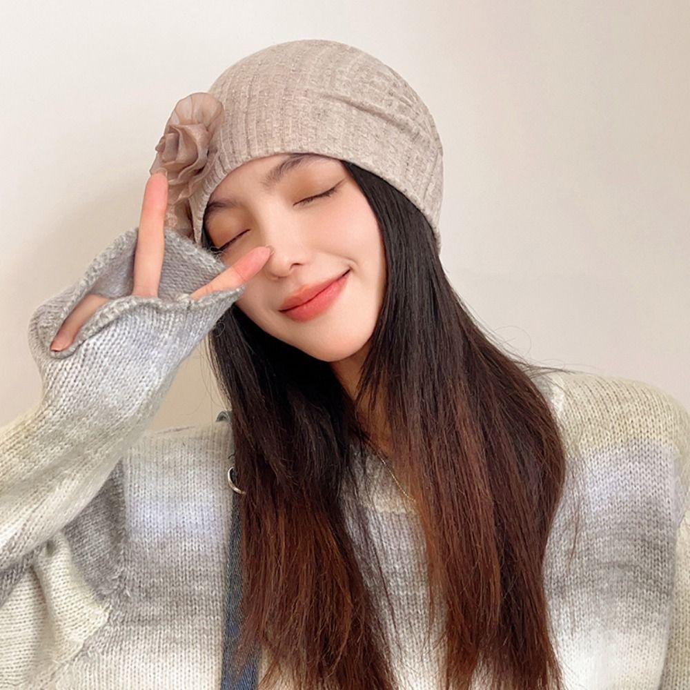 Retro Solid Color Rose Flower Knitted Hat Y2k Style Breathable Women Beanie Cap Crochet Thin Striped Skullies Cap
