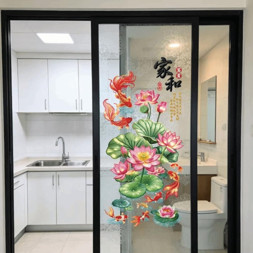 2Pcs PVC Flower Koi Sticker Electrostatic Wall Sticker Bathroom Kitchen&Living Room Decor